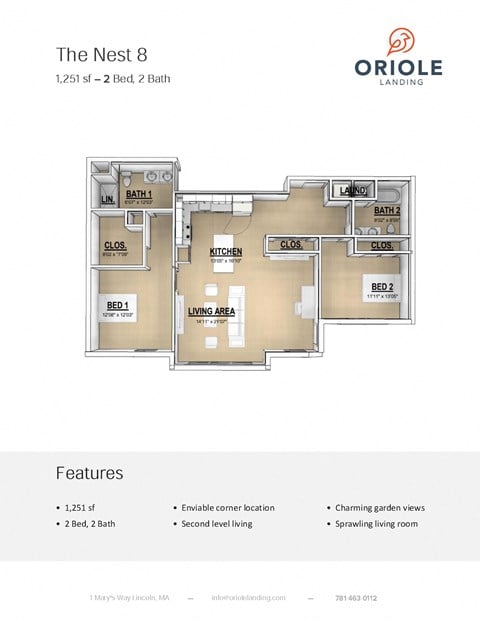 Floor plan for 2 beds, 2 baths, 1251 sqft